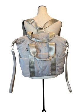 Paris Hilton Convertible Diaper Bag Gray Puffer Backpack Crossbody Pink Lining